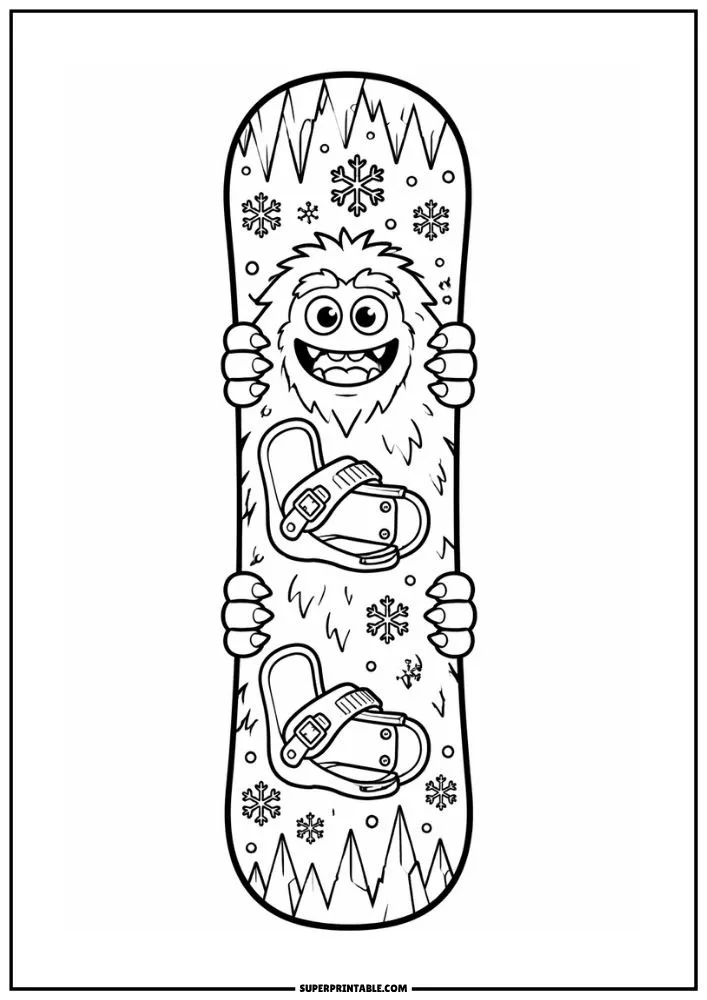 Snowboard coloring page with a smiling yeti, snowflakes, ice formations, and snowy scenery.