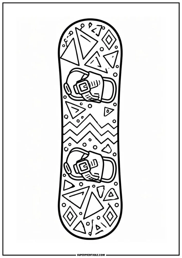Snowboard coloring page featuring geometric shapes, zigzag patterns, triangles, and diamonds.