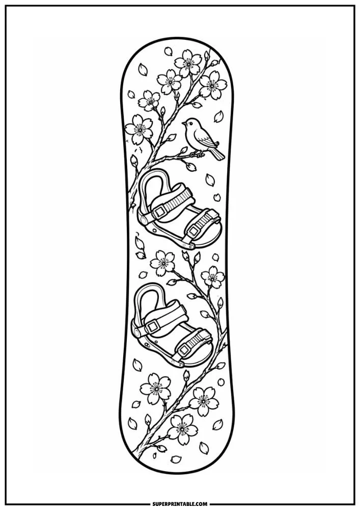 Snowboard coloring page with blossom branches, flowers, leaves, and a bird.