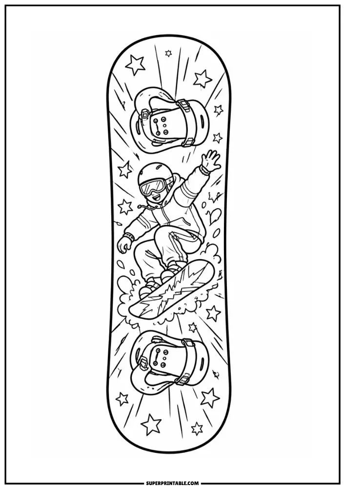 Snowboard coloring page featuring a snowboarder performing a jump with stars and action effects.