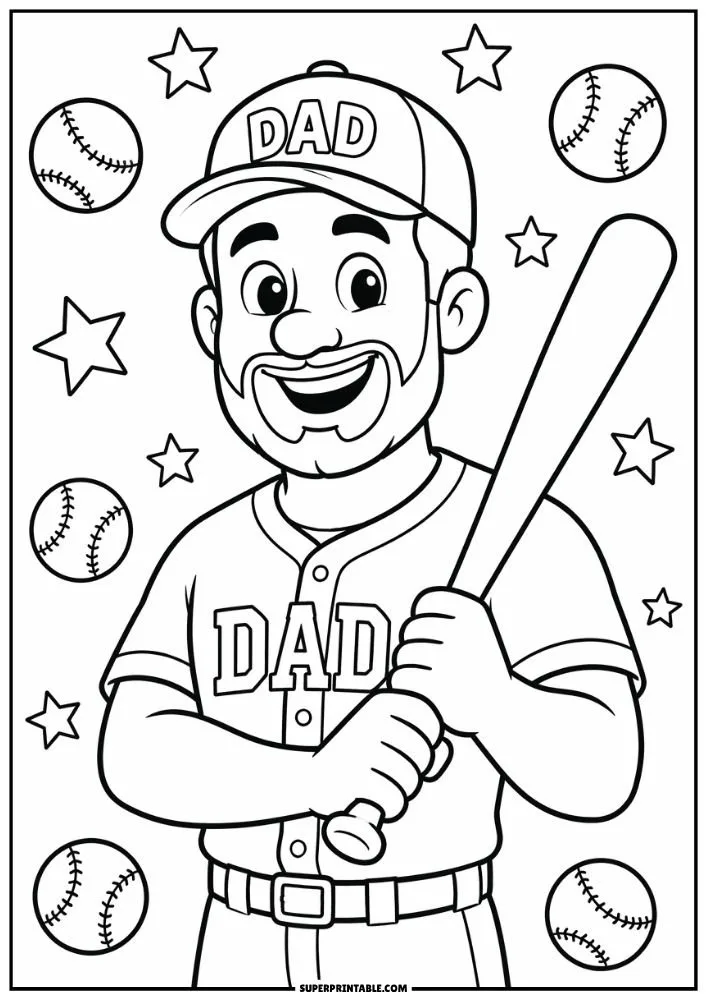 Smiling dad in a baseball uniform holding a bat with baseballs and stars around him.