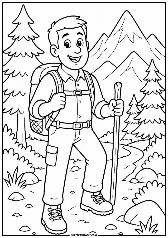 Hiking dad walking on a mountain trail with trees and mountains in the background.