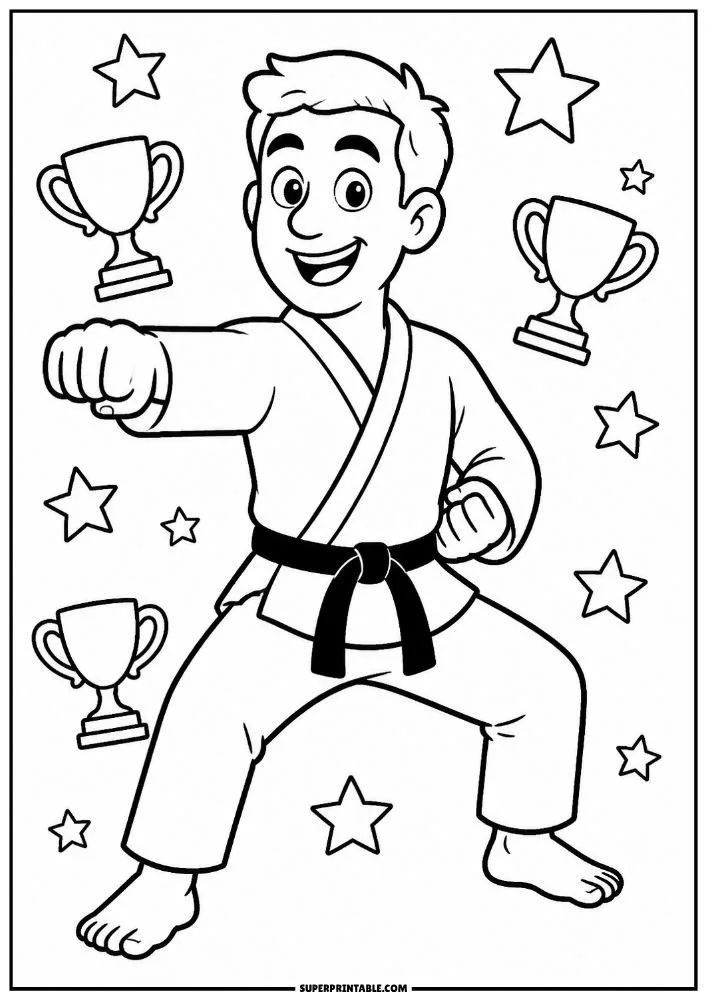Dad in a karate uniform performing a martial arts stance with trophies and stars.
