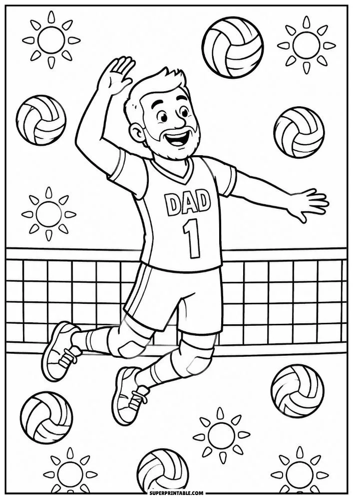 Volleyball-playing dad jumping near a net with volleyballs and sun symbols around him.