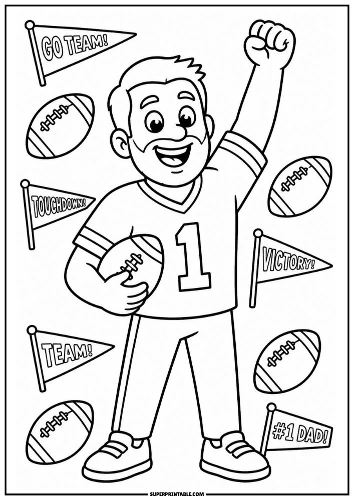 Happy football dad holding a football with victory flags and footballs surrounding him.