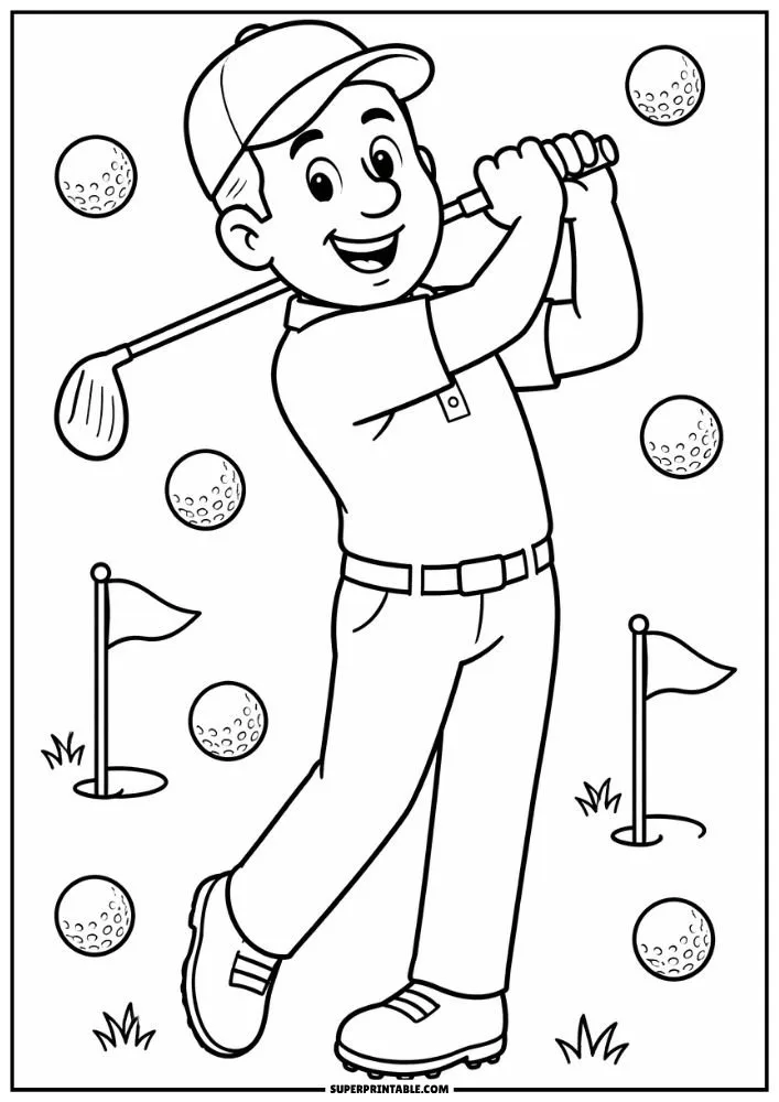 Smiling dad swinging a golf club with golf balls and flags around him.