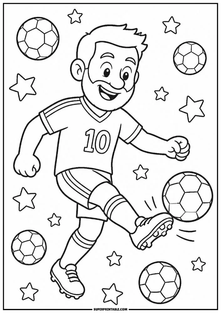 Smiling soccer dad kicking a ball with soccer balls and stars in the background.