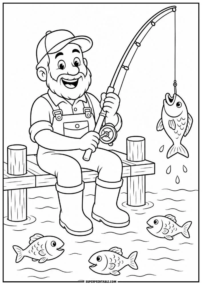 Dad fishing from a dock while catching a fish with several fish swimming below.