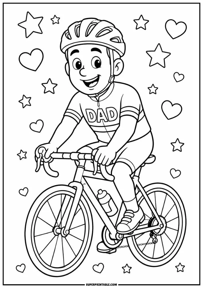 Smiling dad riding a bicycle with hearts and stars surrounding him.