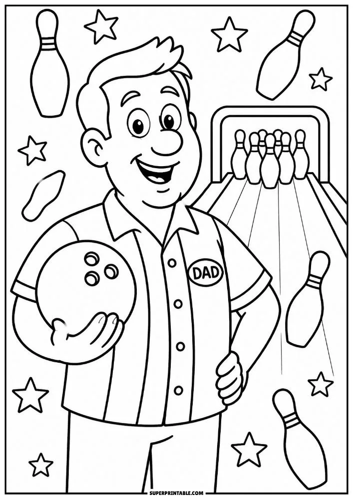Dad holding a bowling ball beside bowling pins and a bowling lane.
