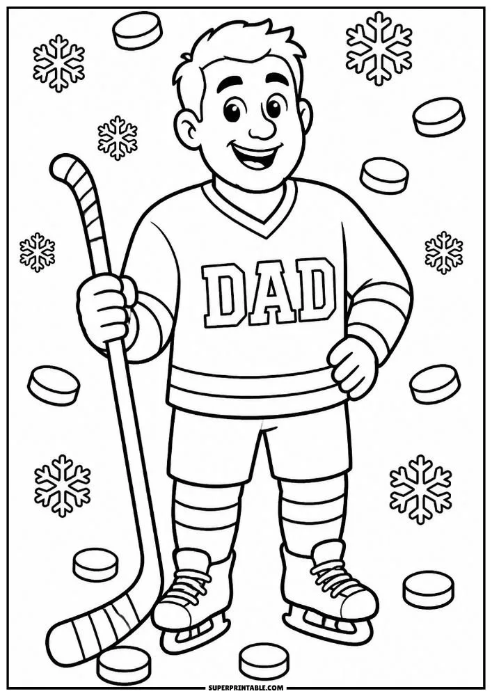 Smiling hockey dad holding a hockey stick with pucks and snowflakes around him.