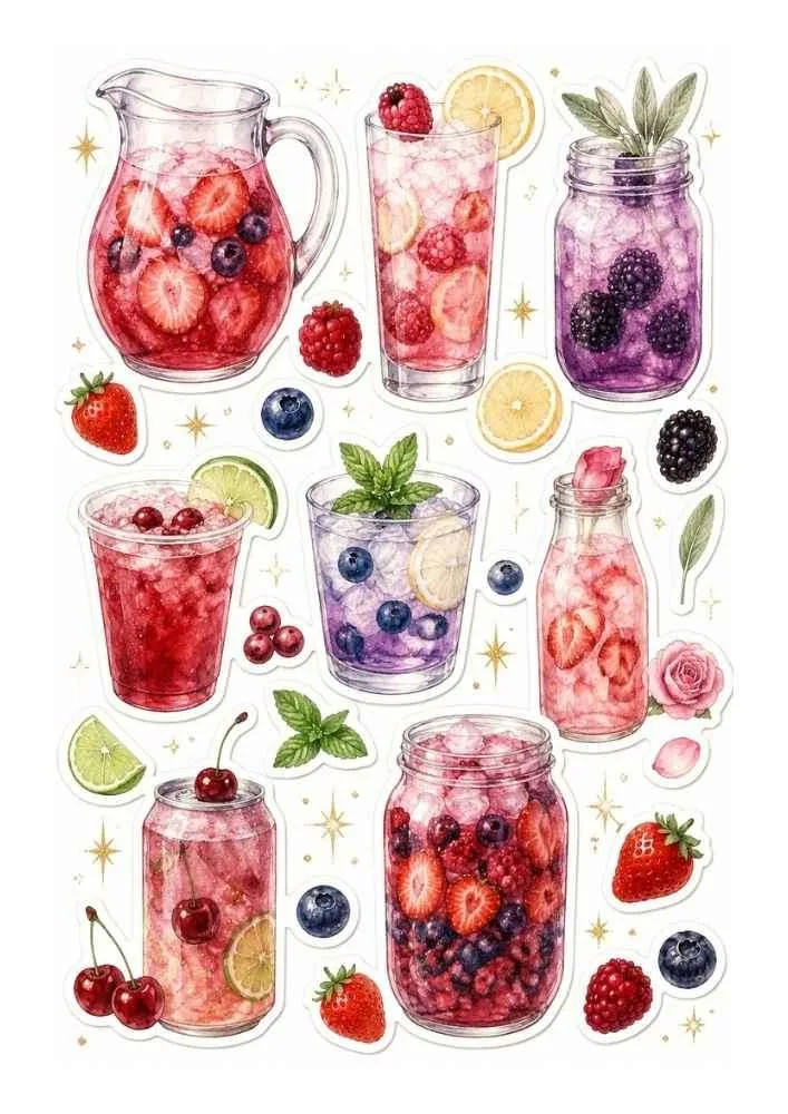 Sticker style drinks with berries, lemons, mint leaves, jars, glasses, and small fruit decorations.