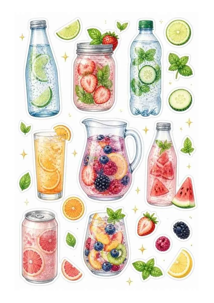 Fruit infused drinks with strawberries, citrus, kiwi, watermelon, cucumber, jars, bottles, and glasses.