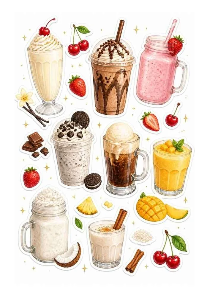 Milkshakes, iced coffee, smoothies, chocolate drinks, cherries, strawberries, mango, and coconut.