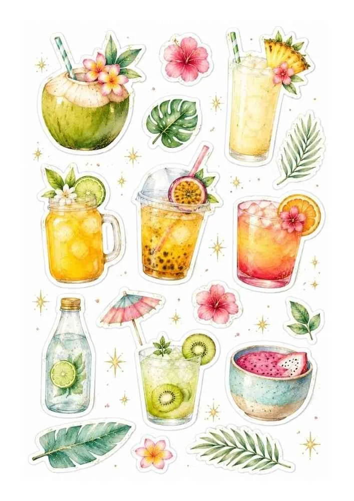 Tropical drinks with coconut, pineapple, passion fruit, kiwi, dragon fruit, flowers, and palm leaves.