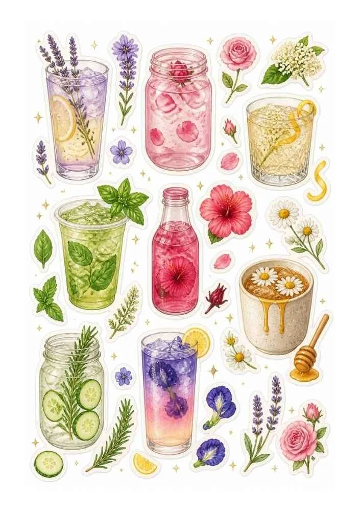 Sticker style herbal drinks with flowers, mint, lemons, jars, glasses, and honey.