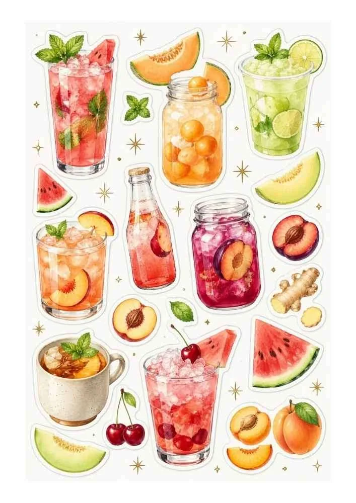 Sticker style drinks with watermelon, melon, peaches, cherries, jars, glasses, and mint leaves.