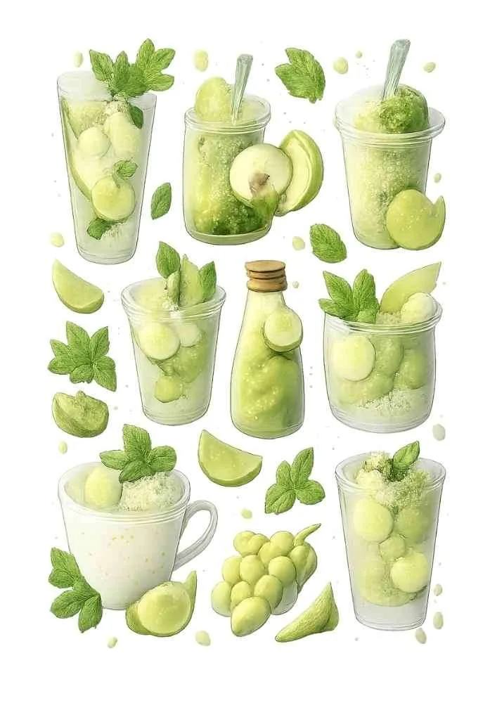 Green melon drinks with jars, bottles, cups, mint leaves, lime wedges, and melon pieces.