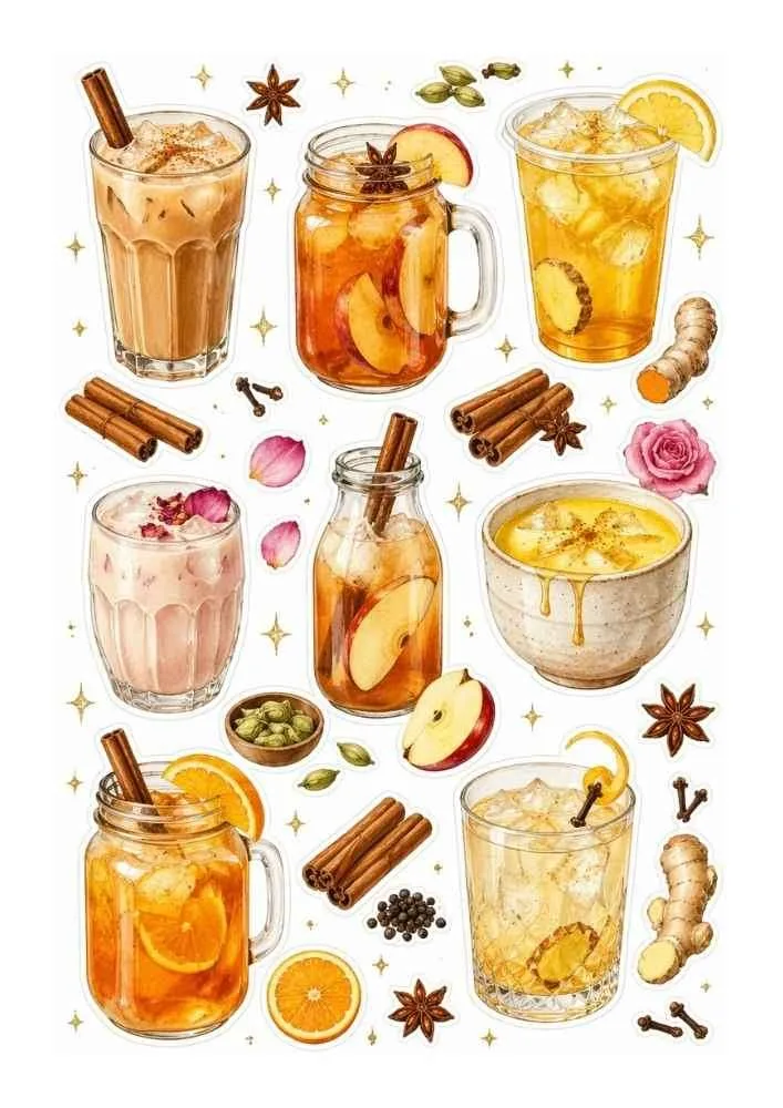 Warm drinks with cinnamon sticks, apples, oranges, ginger, jars, mugs, and glasses.