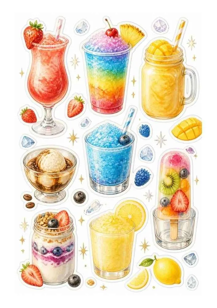 Frozen drinks, smoothies, fruit pops, yogurt jars, lemons, strawberries, blueberries, and ice cubes.