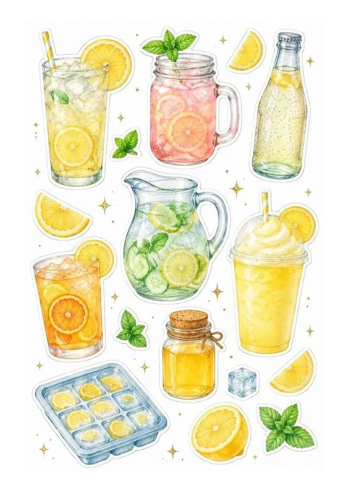 Lemon drinks with jars, bottles, glasses, mint leaves, lemon slices, and ice cubes.