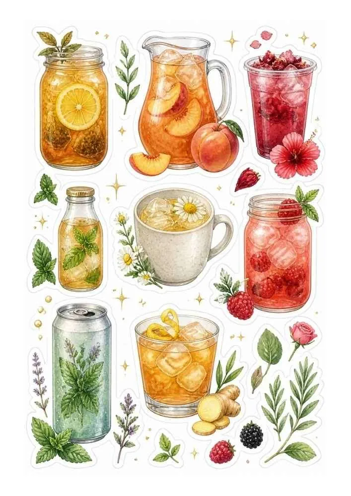 Herbal fruit drinks with peaches, raspberries, mint, ginger, flowers, jars, glasses, and cans.