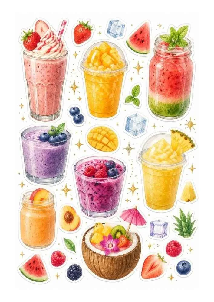 Tropical smoothies, fruit bowls, pineapple, watermelon, berries, coconut, jars, and cups.