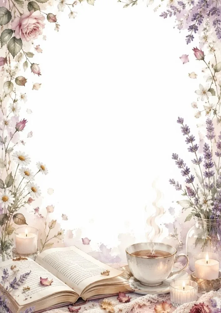 Tea themed floral border page with roses, lavender, candles, open book, and steaming teacup.