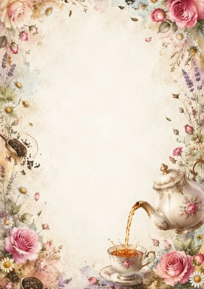 Vintage floral border page with roses, teapot, teacup, flowers, and loose tea leaves.