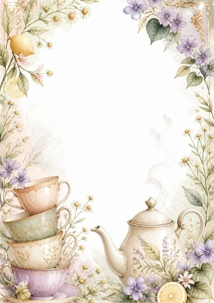 Floral tea border page with lemons, teapot, stacked teacups, violets, and daisies.