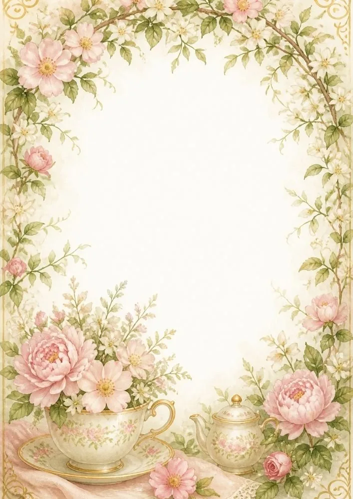 Floral tea border page with pink roses, blossoms, teacup, teapot, and decorative floral frame.