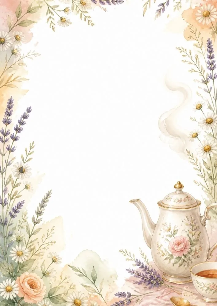 Tea themed border page with floral teapot, teacup, lavender, daisies, and watercolor flowers.