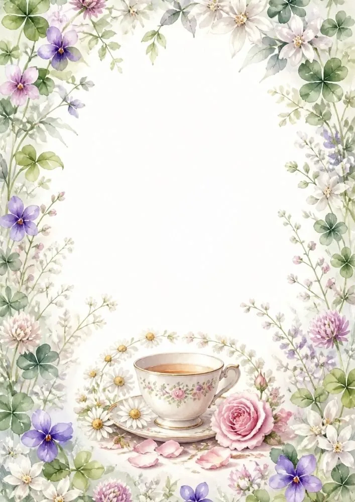 Floral tea border page with clover leaves, blossoms, roses, wildflowers, and teacup.