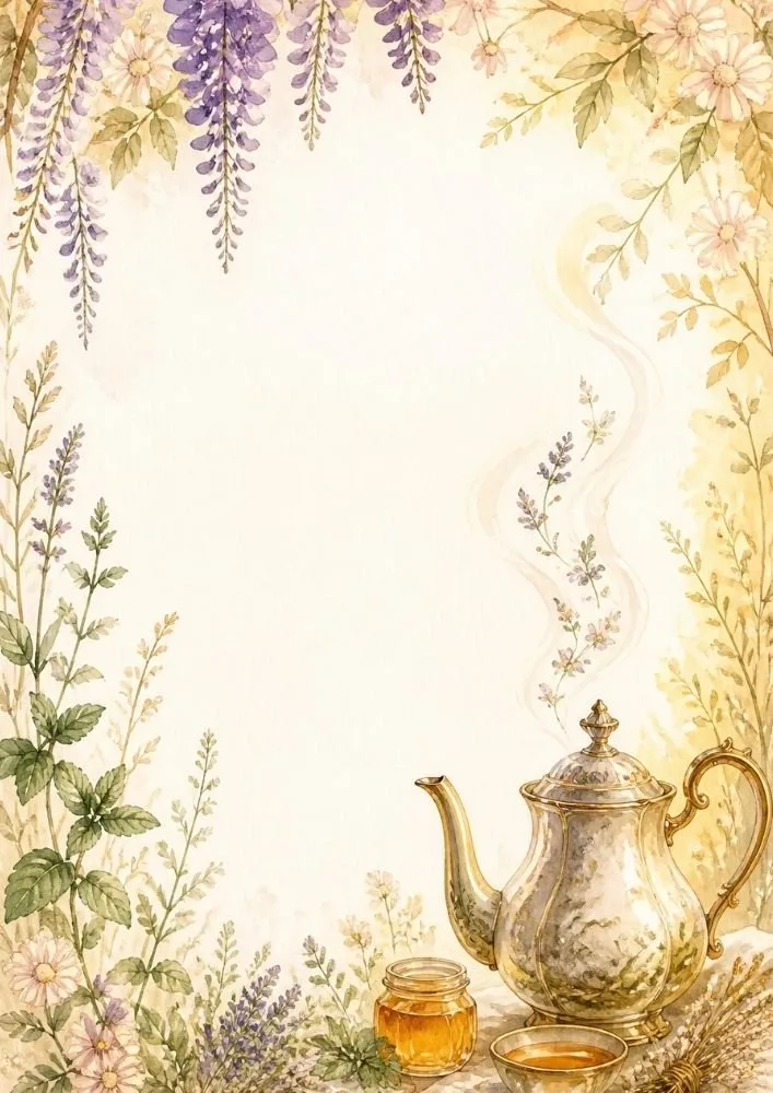 Tea themed border page with golden teapot, honey jar, lavender flowers, herbs, and teacup.