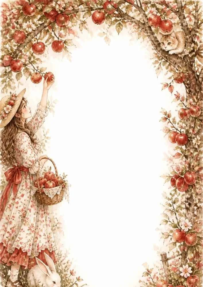 Girl picking apples from a tree with a basket, cat, bunny, blossoms, and apples.