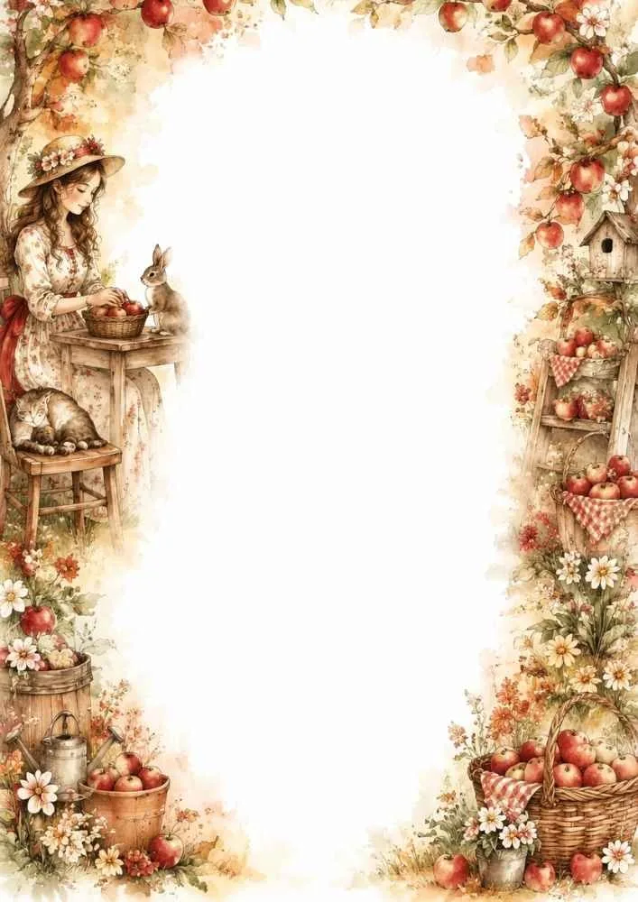 Girl sorting apples at a table with a bunny, cat, baskets, and flowers.