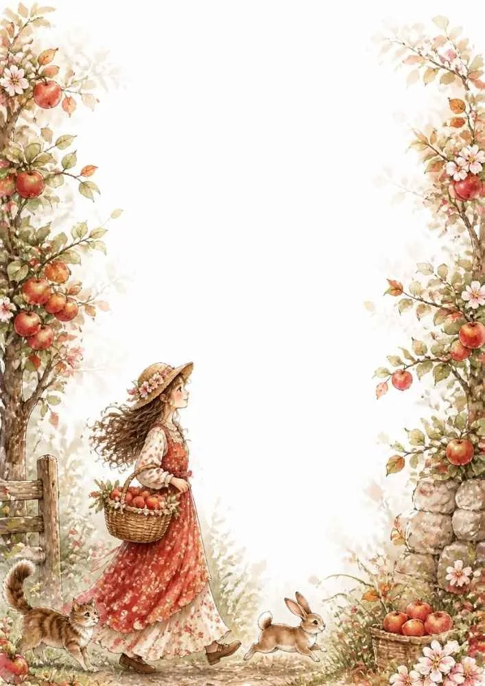 Girl carrying apples with a rabbit, cat, flowers, and apple trees.