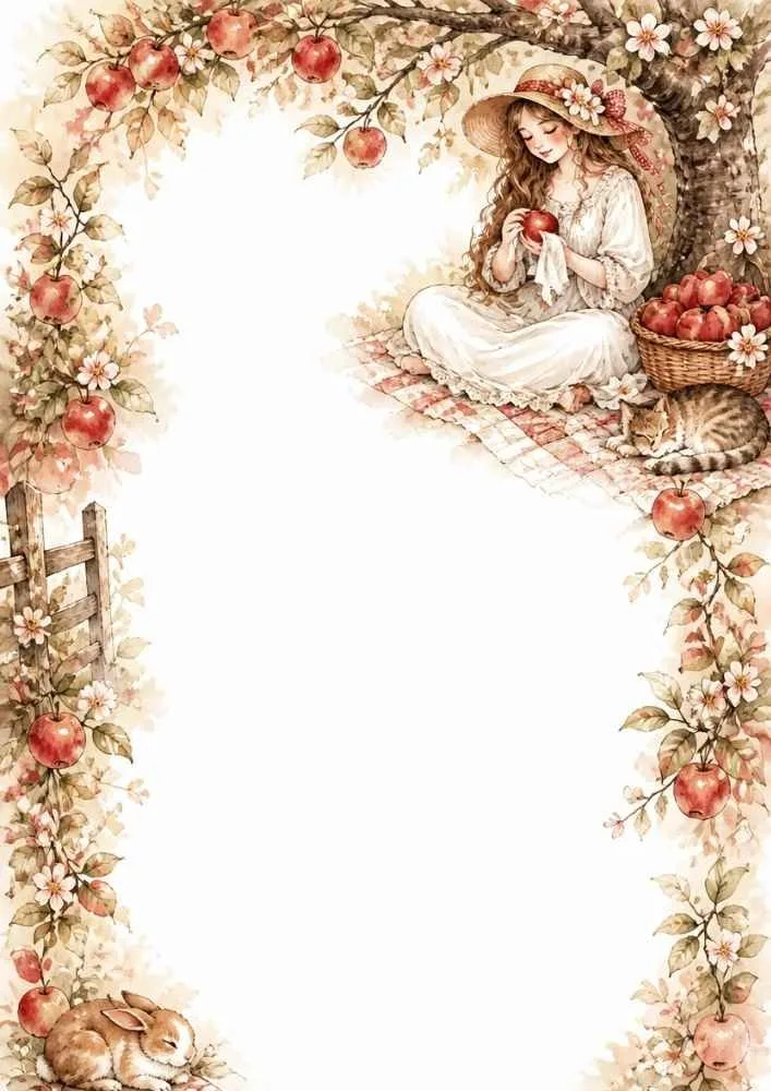 Girl sitting under an apple tree with an apple, cat, rabbit, flowers, and baskets.
