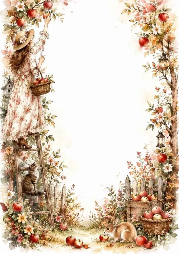 Girl on a ladder picking apples with a cat, rabbit, flowers, and apple baskets.