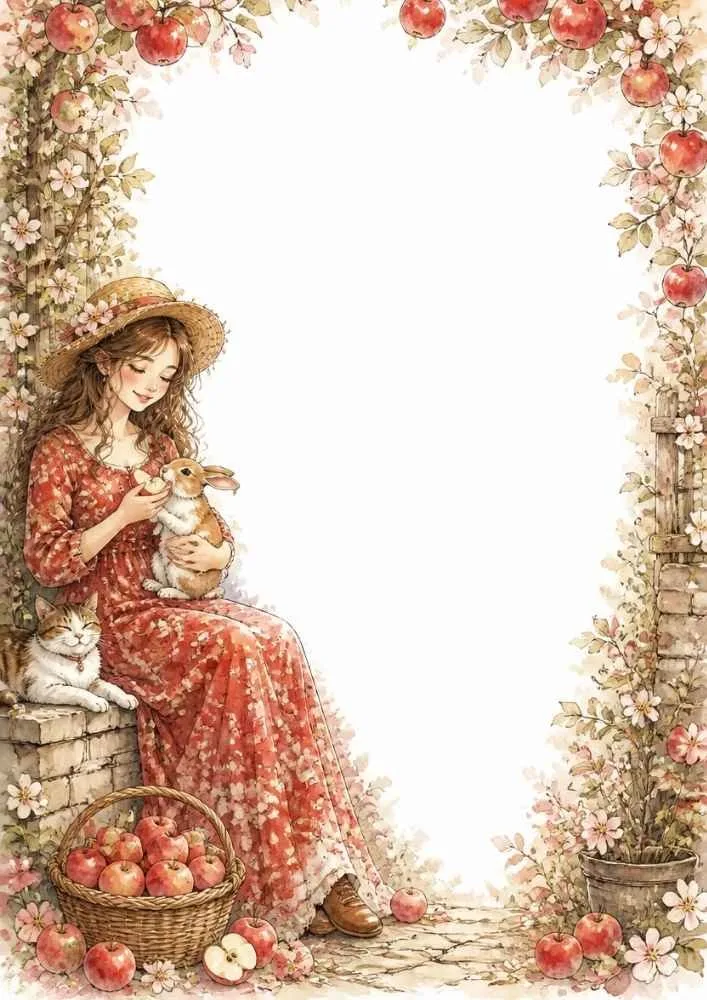 Girl holding a bunny with a cat, apple basket, flowers, and orchard border.