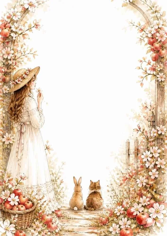 Girl standing near an orchard path with a rabbit, cat, flowers, and apple branches.