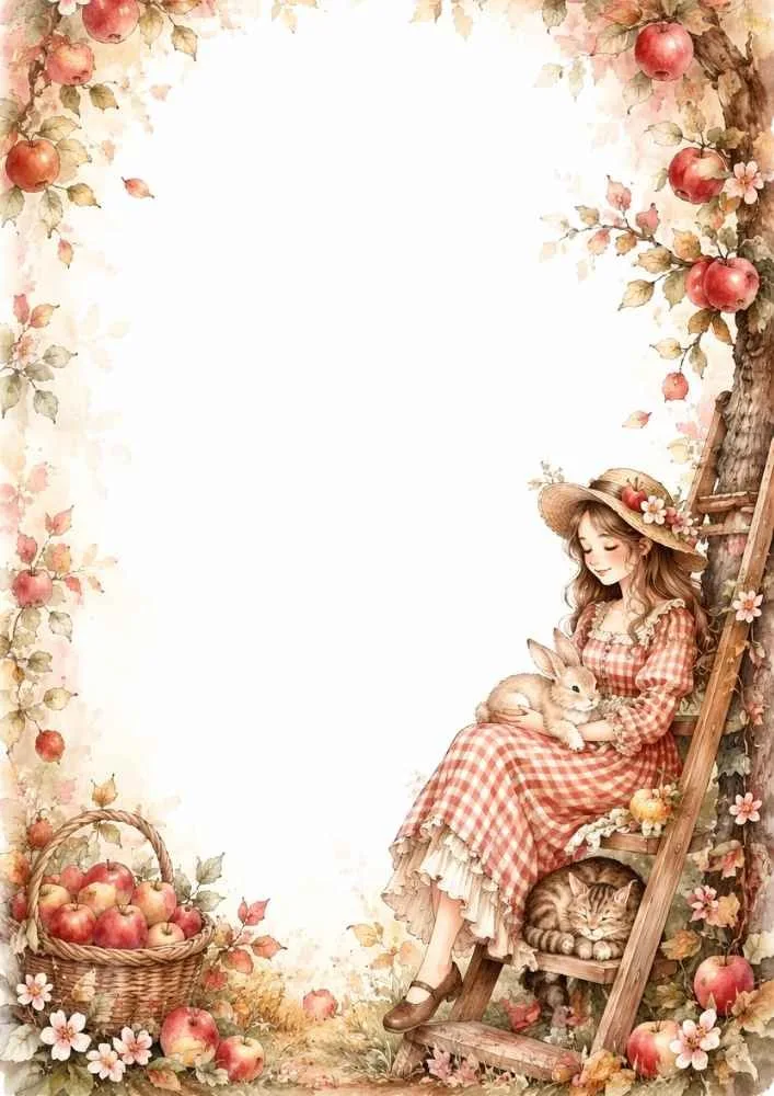 Girl holding a bunny on a ladder with apples, flowers, and a sleeping cat.