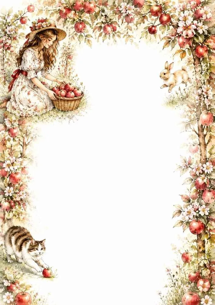 Girl collecting apples with a cat, bunny, blossoms, and apple trees around a border.