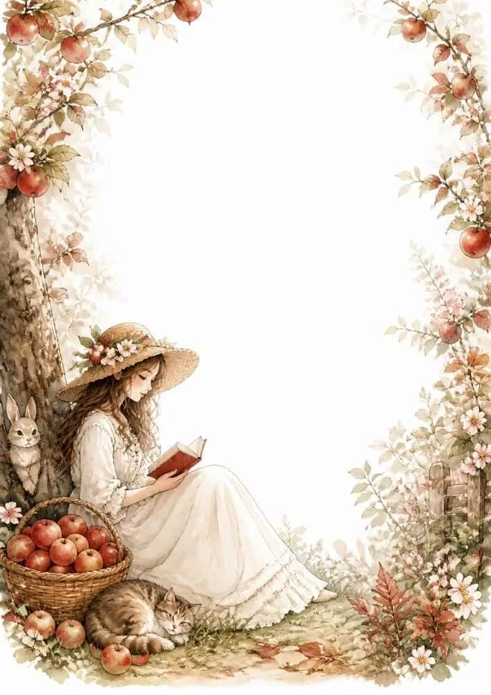 Girl reading a book under an apple tree with a rabbit, cat, and apple basket.