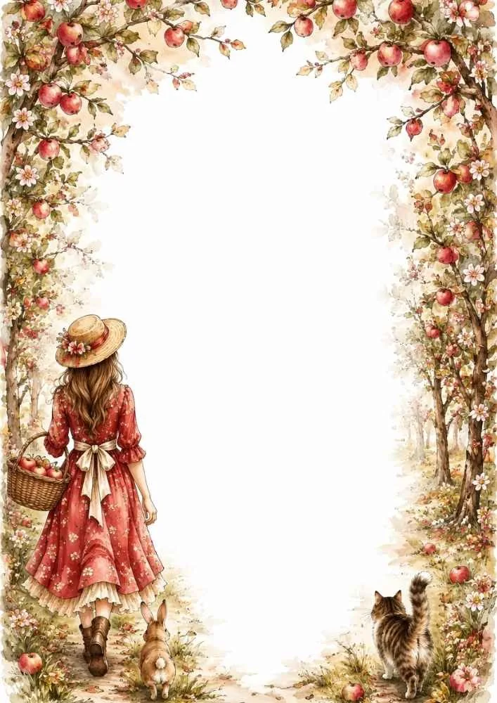 Girl walking with an apple basket along an orchard path with a rabbit and cat.