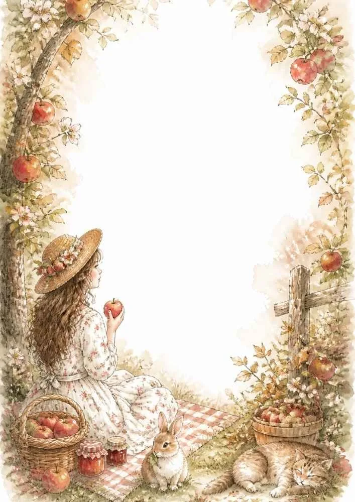 Girl sitting on a picnic blanket with apples, rabbit, cat, baskets, and flowers.