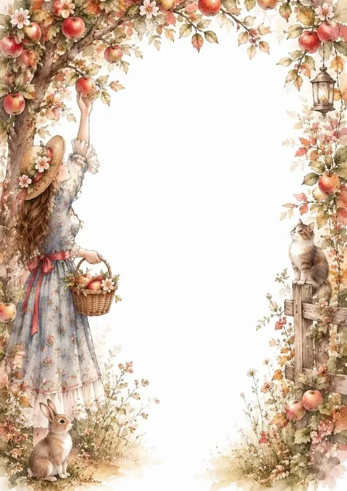 Girl reaching for an apple with a basket, rabbit, cat, flowers, and orchard trees.