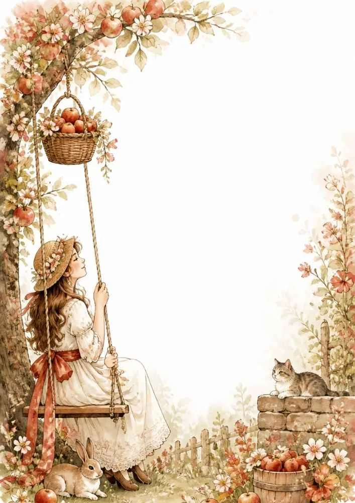 Girl on a swing under an apple tree with baskets, rabbit, cat, and flowers.