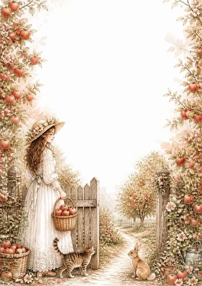 Girl with an apple basket near a gate with a rabbit, cat, blossoms, and orchard path.