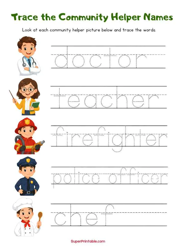Tracing worksheet with doctor, teacher, firefighter, police officer, and chef pictures with dotted names.